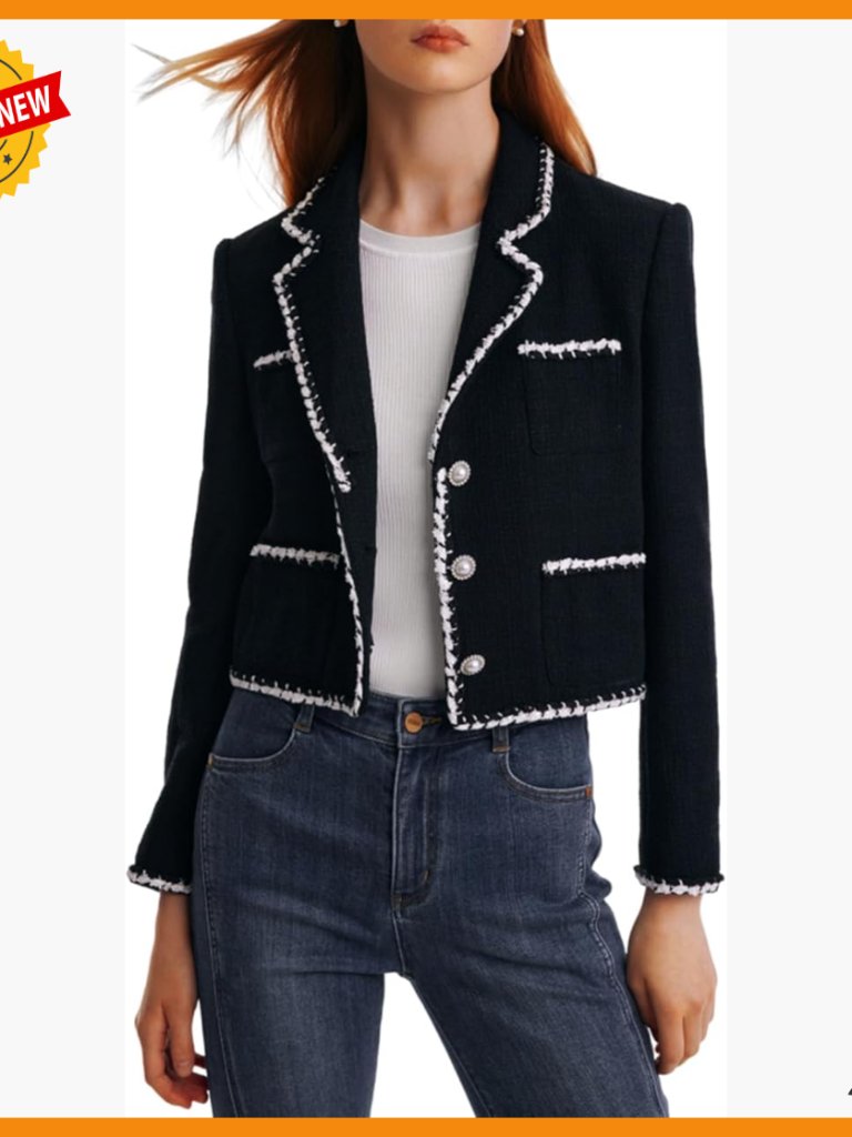 Cropped Tweed Blazer For Women, Casual Office Jacket With Pearl Buttons